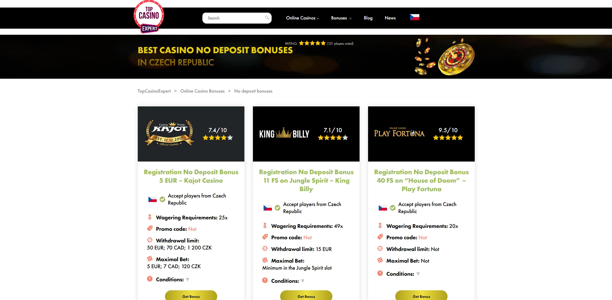 Screenshot of Topcasinoexpert.com - Best Czech No Deposit Bonuses ᐉ No Deposit Casinos in Czech Republic